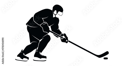 Ice hockey player silhouette action graphic with stick and puck. dynamic black and white vector illustration of an athlete skating on ice.