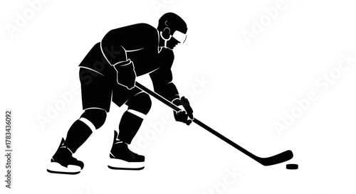 Ice hockey player silhouette with puck and stick on ice rink. dynamic black and white illustration of an athlete in action, isolated on white.