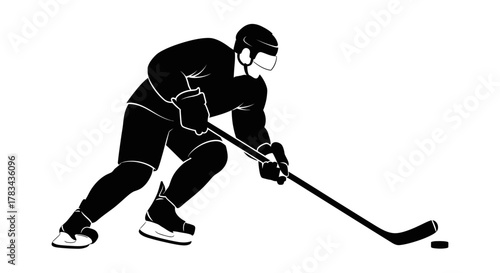 Ice hockey player silhouette vector illustration. male athlete in dynamic action pose, playing ice hockey with stick and puck on ice rink surface.