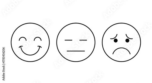 Outline happy neutral and sad emoji faces expressing different emotions on a clean white background vector illustration for mood feedback rating.