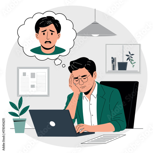 Man sits at a desk with a laptop, appears worried about a thought bubble image of a concerned person.