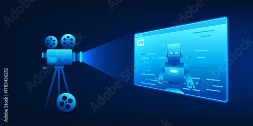 AI live streaming technology background showing a camera broadcasting a robot, symbolizing artificial intelligence integration in real-time media, content creation, and future communication