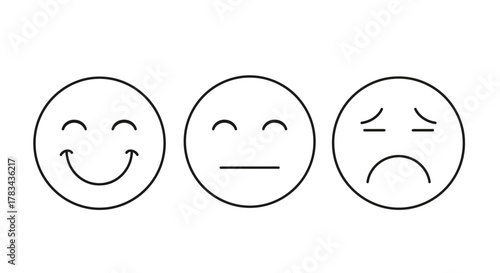 Happy, neutral, sad vector line art emoticons for customer satisfaction surveys, user experience feedback, and emotional rating scale icon.