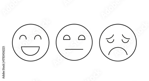 Linear design emoticons showcasing happy, neutral, and sad emotions for user interface feedback, customer experience surveys, mood tracking displays.