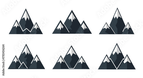 Flat design vector mountain range icons set. stylized peaks with snow caps, abstract graphic elements for travel, adventure, nature, logo concept, emblem.