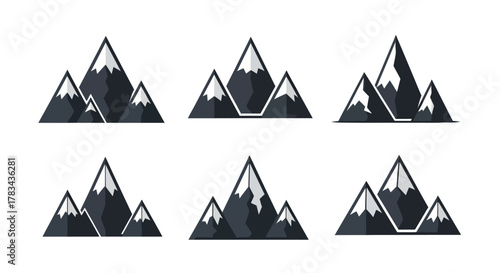 A set of six stylized mountain icons with snowy peaks, rendered in a modern flat design vector style on a clean background, ideal for logos or web graphics.