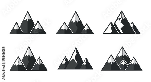 Mountain range icons set with snow capped peaks in minimalist flat design vector illustration, ideal for nature, adventure, travel and landscape concepts.