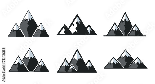 Collection of six minimalist mountain range icons with snow-capped peaks in a modern flat design, ideal for outdoor, adventure, and travel concepts.