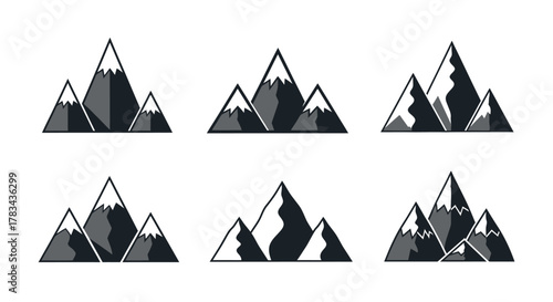 Mountain icons set, minimalist vector design with snow-capped peaks and stylized outlines, geometric outdoor landscape symbols for travel, adventure, nature, and elevation concepts.