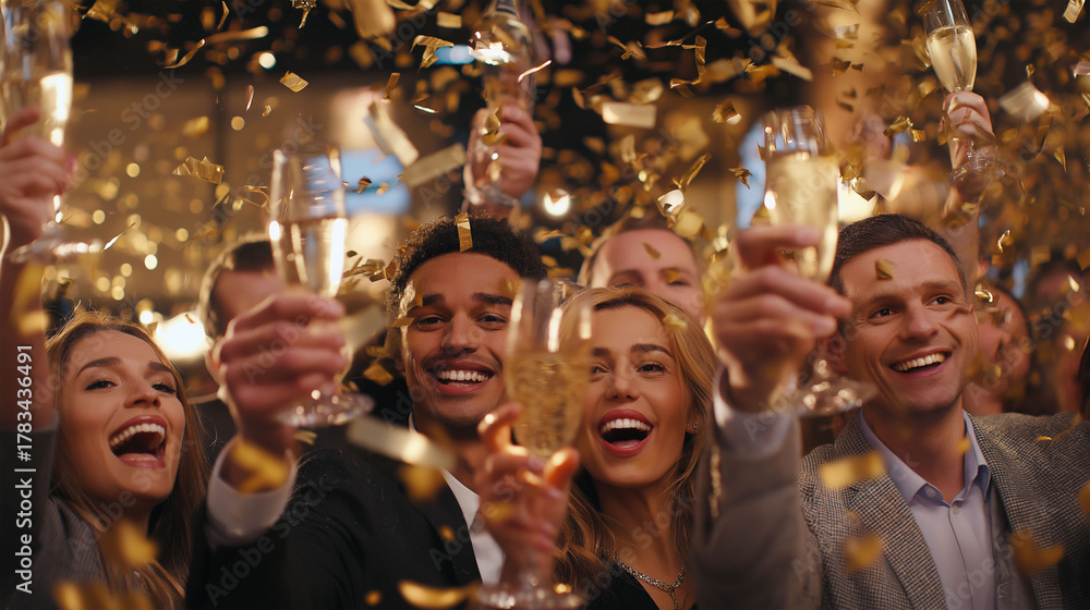 Fototapeta premium Golden Celebration: A group of friends raise their glasses in a joyous toast, showering in a cascade of confetti during a moment of festive celebration. A candid shot of pure bliss.