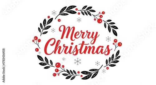 Merry christmas holiday vector illustration with festive red lettering inside a decorative black leaf and red berry wreath with scattered snowflakes.