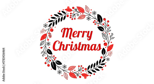 Merry christmas" text in decorative festive wreath illustration with red berries, black and red leaves, and snowflakes on a white background, winter holiday design.