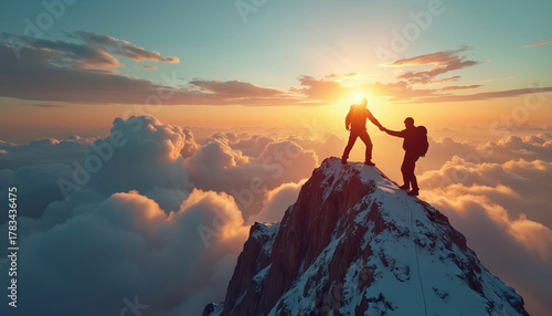 Two men help climb snowy mountain summit at sunset. One partner pulls friend hand to reach peak above clouds. People collaborate in teamwork for success, achievement, reaching goals. Show support,
