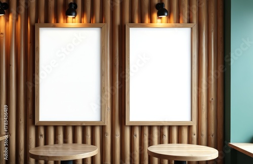 Two empty wooden frames hang on a slatted wood wall. Two round tables sit below. Lights shine down on the blank posters for your art or ads.