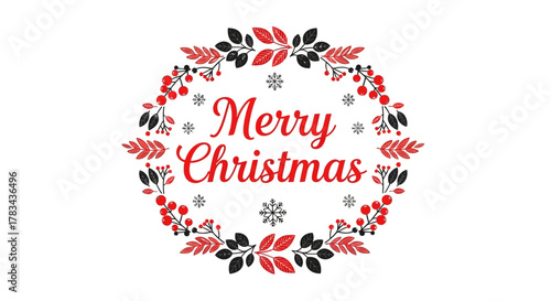 Merry christmas holiday greeting card design with festive traditional red berry and leaf wreath, decorative snowflakes, and celebratory typography.