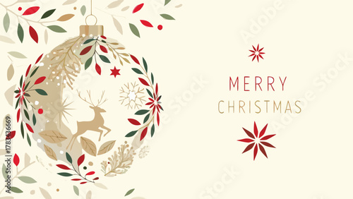 Elegant merry christmas greeting card featuring a decorative ornament with a reindeer and festive foliage