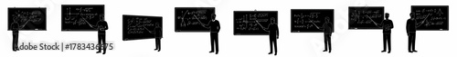 Collection of silhouettes showing professors and teachers explaining complex mathematics, calculus, and physics formulas written on a blackboard with a pointer.