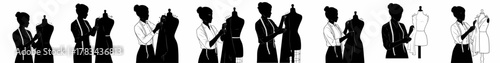 Collection of silhouettes and outlines showing a fashion designer or tailor working with a dress form and measuring tape.