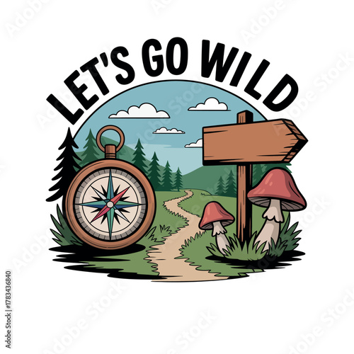 A compass points the way on a path inviting adventure in the wild.
