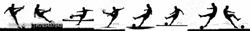 Dynamic vector silhouettes of soccer players kicking footballs, depicting various action poses against a clean white background with grass detail.
