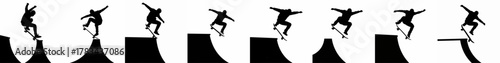 Vector set of skateboarding silhouettes showing various dynamic tricks and jumps on ramps and skate park obstacles, isolated on white.