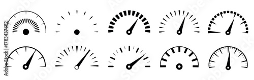 Dashboard Speedometer and Tachometer Icon Set. Performance, Car Speed, and Fast Internet Indicators