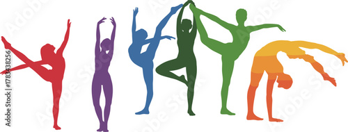 Colorful human silhouettes in yoga and dance poses, vibrant gradient fitness illustr,