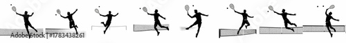 Set of black vector silhouettes illustrating dynamic tennis players serving, hitting overhead volleys, and jumping near the net.