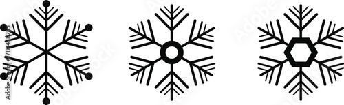 Snow Flake icon set. Minimalist winter symbols. Abstract geometric vector graphic element for New Year design. Crayon hand drawn snow flake collection. Isolated linear snow flake pictogram collection.