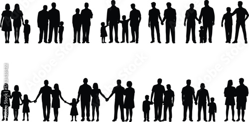 Family silhouettes illustration, parents with children, diverse family groups, black silhouettes, holding hands, parenting concept, lifestyle design, education, sociology, community, unity, 