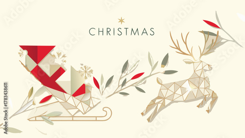 Elegant christmas illustration featuring a geometric reindeer pulling a sleigh with festive foliage and snowflakes on a cream background