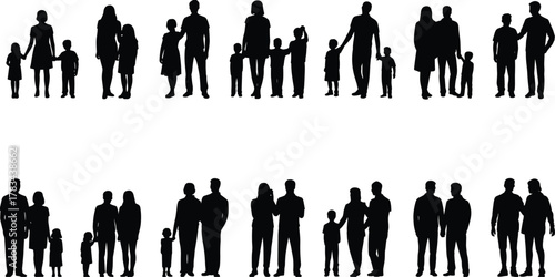 Family silhouettes illustration, parents children together, diverse family groups, holding hands, unity concept, parenting design, lifestyle vector, relationship bond, generational love, 