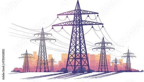 High voltage transmission towers, electricity pylons, power lines infrastructure, urban energy distribution, industrial landscape, modern city skyline, electrical grid network,
