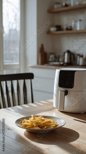 Golden fries bask under sunlight beside a sleek air fryer; culinary innovation meets comfort, perfect for Lazy Day indulgence