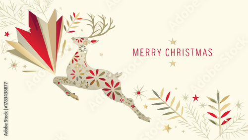 Elegant leaping reindeer silhouette adorned with festive floral patterns and surrounded by stylized branches and stars wishing merry christmas