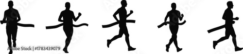 Running silhouette crossing finish line ribbon, athlete victory motion sequence, sports competition achievement concept, marathon race winner illustration, dynamic fitness success design,