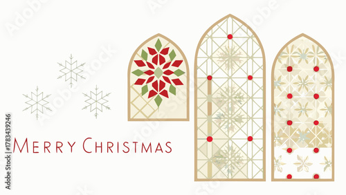 Festive christmas greeting card featuring stylized stained glass windows with snowflakes and poinsettia motif