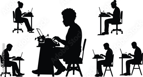 Silhouette office workers typing laptops, central figure typewriter retro technology, teamwork productivity contrast, modern digital devices evolution, workplace communication history, 
