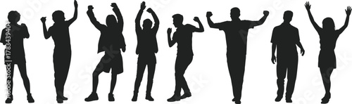 Silhouette people celebrating success, joyful crowd raising arms, teamwork unity concept, happy group victory illustration, expressive human poses, motivation energy, lifestyle design inspiration