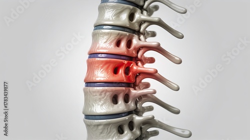 Spine anatomy illustration showcasing vertebral disc herniation and back pain