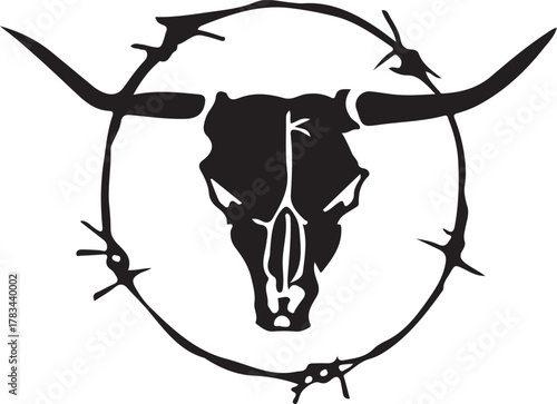 Silhouette of a bull skull surrounded by barbed wire