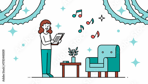 A woman  sings to sheet music in a cozy living room, Hogmanay celebration