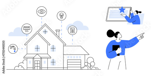 Modern house connected to smart features thumbs up security, lighting, climate control, and appliances. Woman managing touchscreen. Ideal for technology, innovation, home security, energy efficiency