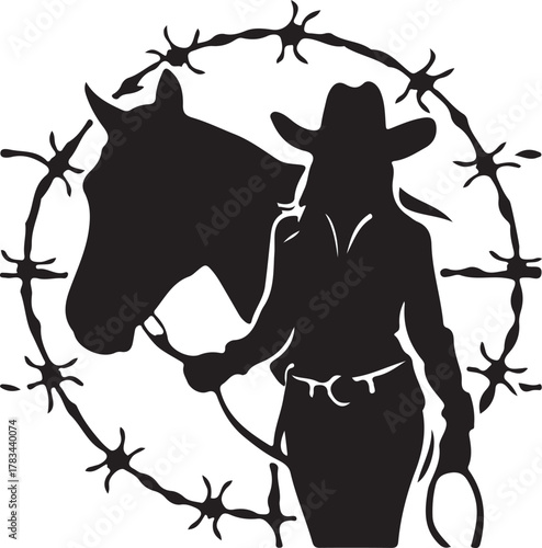 Silhouette of a cowgirl and horse head with barbed wire
