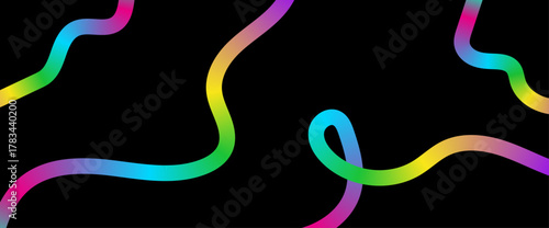Abstract, flowing lines of vibrant, multicolored gradients against a stark black backdrop. Gradient background with liquid flow ribbon form. Vector illustration