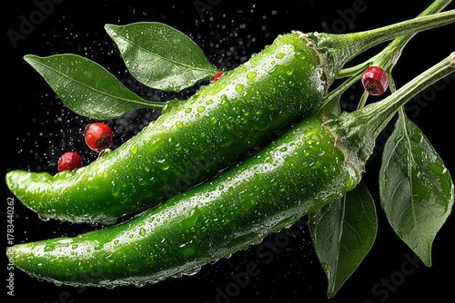 Abstract Fresh Green Chili Peppers With Water Droplets