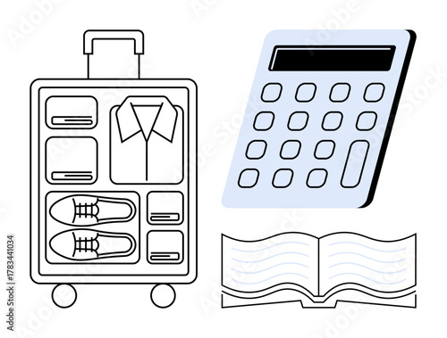Organized suitcase with compartments, calculator, and open book for travel preparation. Ideal for planning, budgeting, packing, education, organization finance strategy. Simple flat metaphor