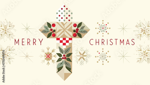 Elegant merry christmas greeting featuring a decorative cross adorned with holly berries and snowflakes on a soft cream background