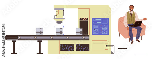 Factory robot placing items on conveyor belt, professional monitoring process via laptop. Ideal for automation, technology, innovation, production, workflow, efficiency and management. Simple flat