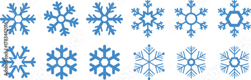 Snow Flake icon set. Minimalist winter symbols. Abstract geometric vector graphic element for New Year design. Crayon hand drawn snow flake collection. Isolated linear snow flake pictogram collection.